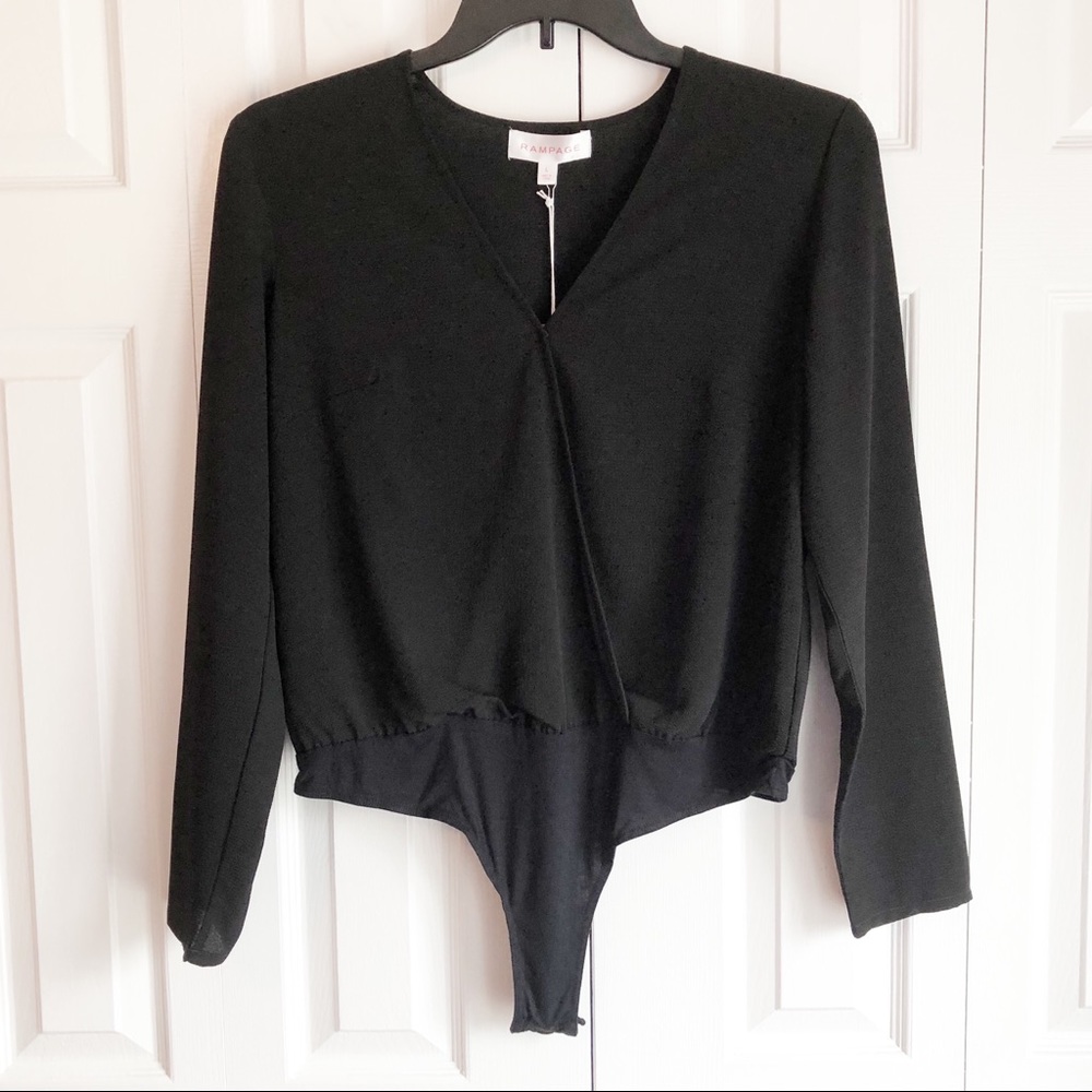 NWT Rampage Black Surplice V-Neck Long Sleeve Bodysuit Large